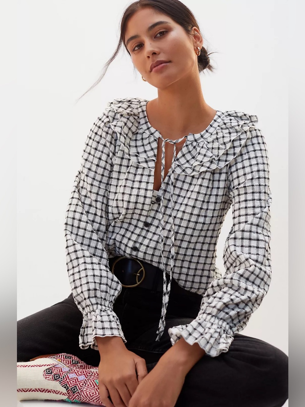 Maeve Anthropologie Black & White Gingham Ruffle Collar Button-Up Blouse (M)
